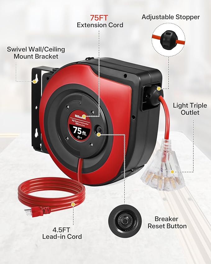 Retractable Extension Cord Reel, 75 FT Heavy Duty Extension Cord, 14AWG/3C SJTOW - Image 7