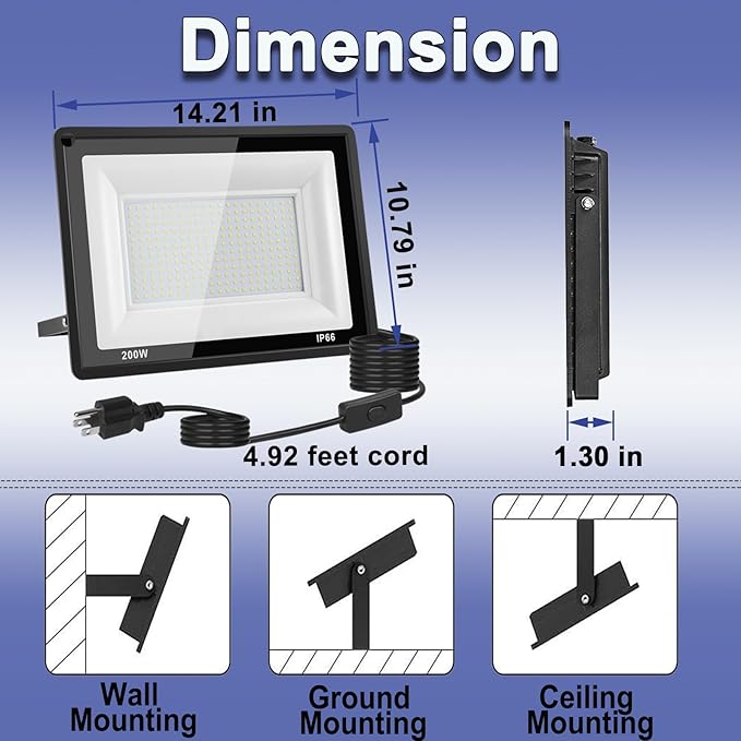 200W LED Flood Light Outdoor, 20000LM Bright Plug-in Flood Lights - Image 3