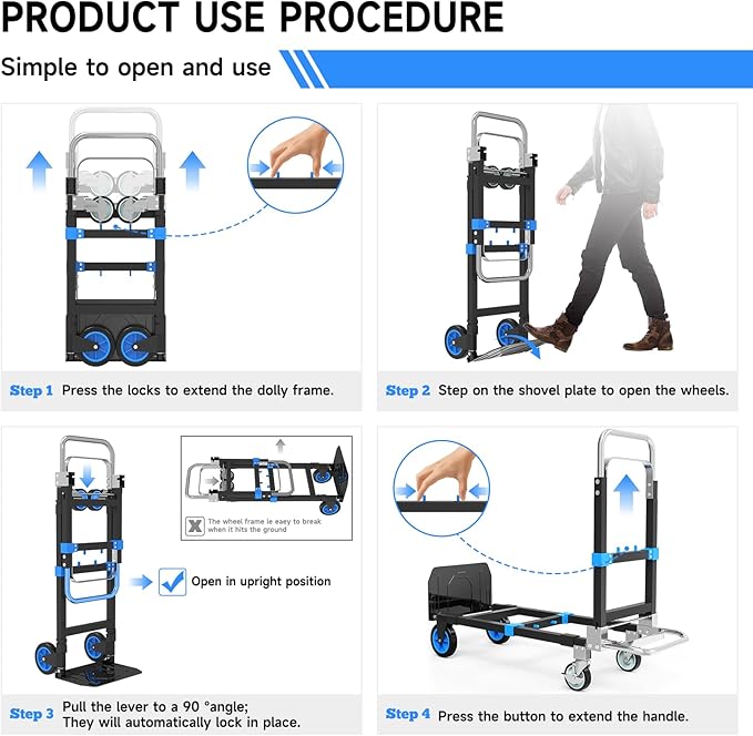 3-in-1 Heavy Duty Folding Hand Truck, 500LB Capacity Convertible Steel Dolly - Image 2