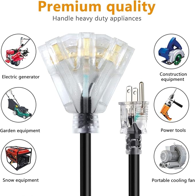 50 FT 12/3 Extension Cord Heavy Duty Black 3-Outlet Indoor/Outdoor SJTW Lighted - Image 2
