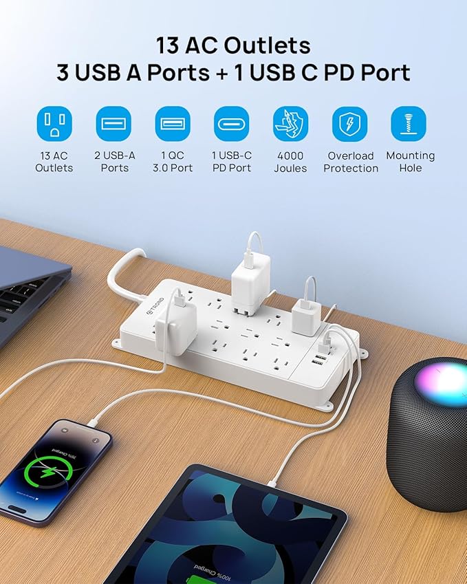 TROND Surge Protector Power Strip 15 ft, Flat Plug Extension Cord, 13 Wide - Image 5