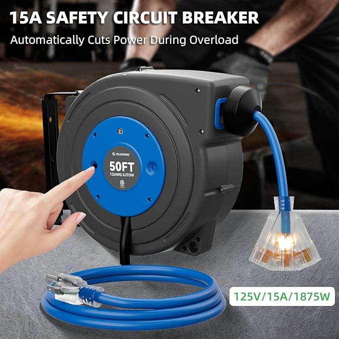 50 FT Retractable Extension Cord Reel, Heavy Duty 12AWG/3C SJTOW Power Cord - Image 6