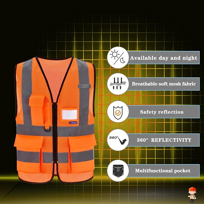 A-SAFETY Orange High Visibility Safety Vest Reflective, 3M Multi Pockets - Image 3