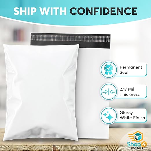 Shop4Mailers 9 x 12 Glossy White Plastic Self Seal Poly Mailer Flat Bags - Image 2