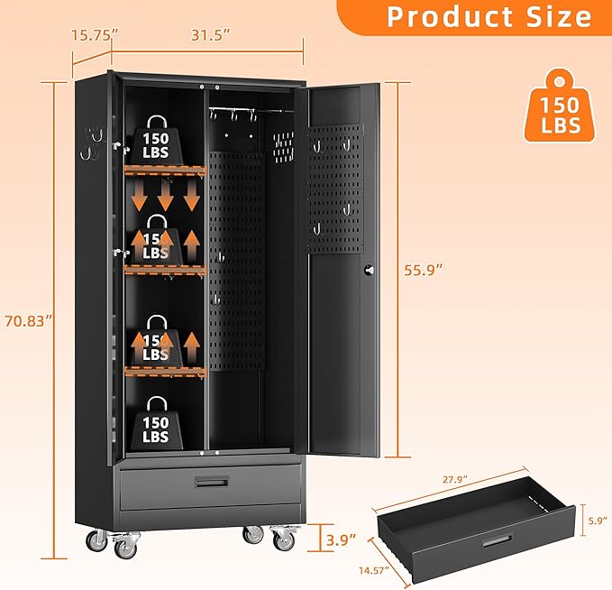Aobabo Metal Broom Closet Storage Cabinets on Wheels, Steel Mop and Broom - Image 3