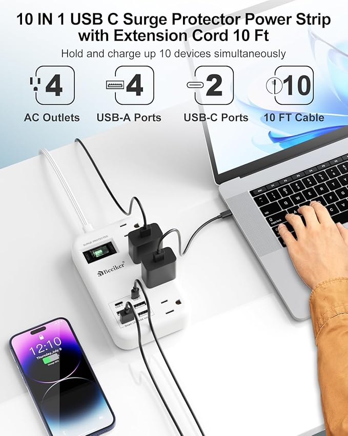 6 USB Surge Protector Power Strip- 10 Ft Extension Cord - Image 4