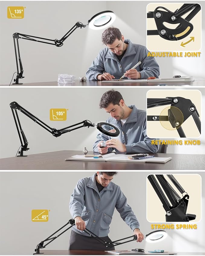 10X Magnifying Glass with Light and Clamp, Ultra Long 3 Section Swing Arm LED - Image 6