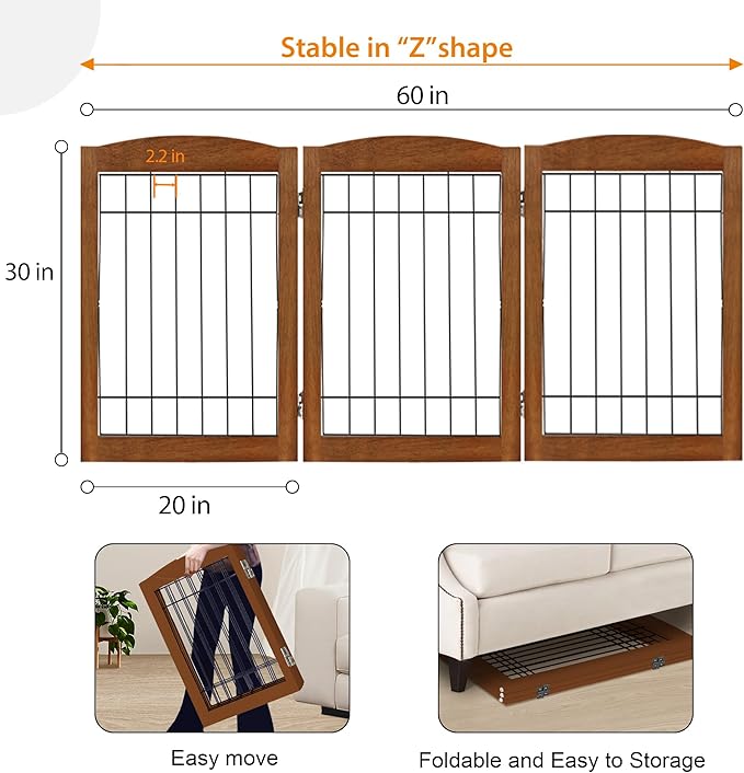LZRS 3-Panel Freestanding Adjustable Wooden Dog Gate—30" Tall Foldable Pet - Image 5