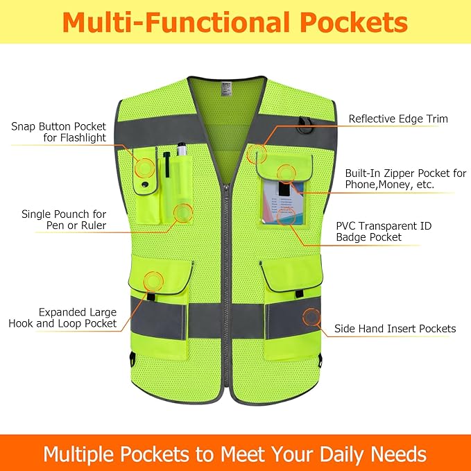 TCCFCCT Mesh Hi Vis Vest 9 Pockets High Visibility Reflective Safety Vest - Image 3