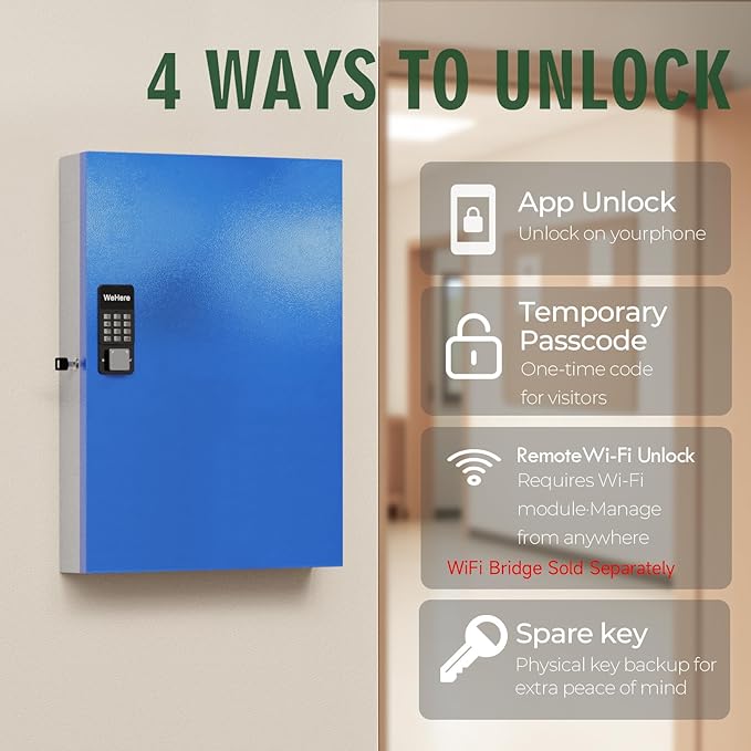 WeHere 192 Key Lock Box Wall Mount, APP Bluetooth/Wi-Fi, OTP/Fixed Code - Image 4