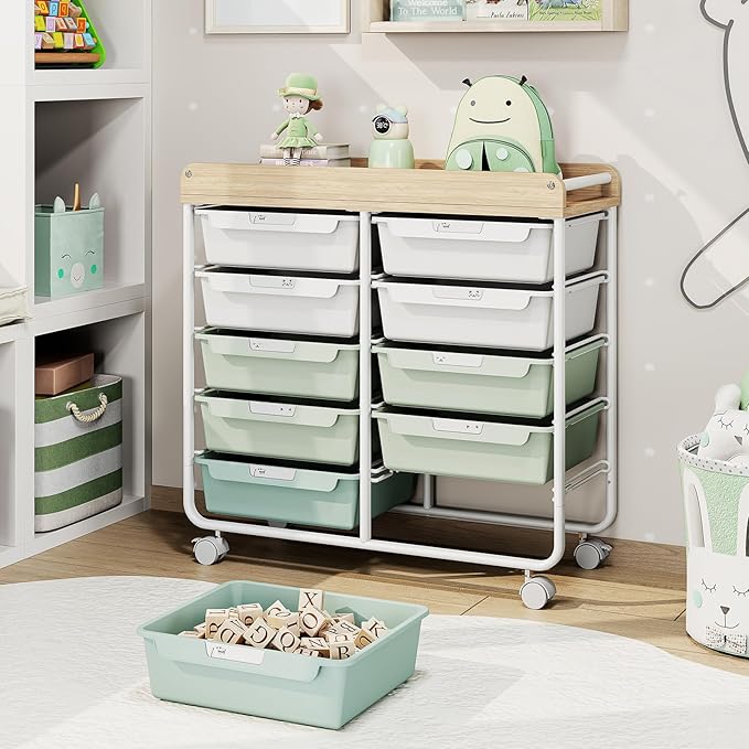 10 Drawers Rolling Cart with Wooden Tabletop, Utility Storage Cart with Wheels - Image 2