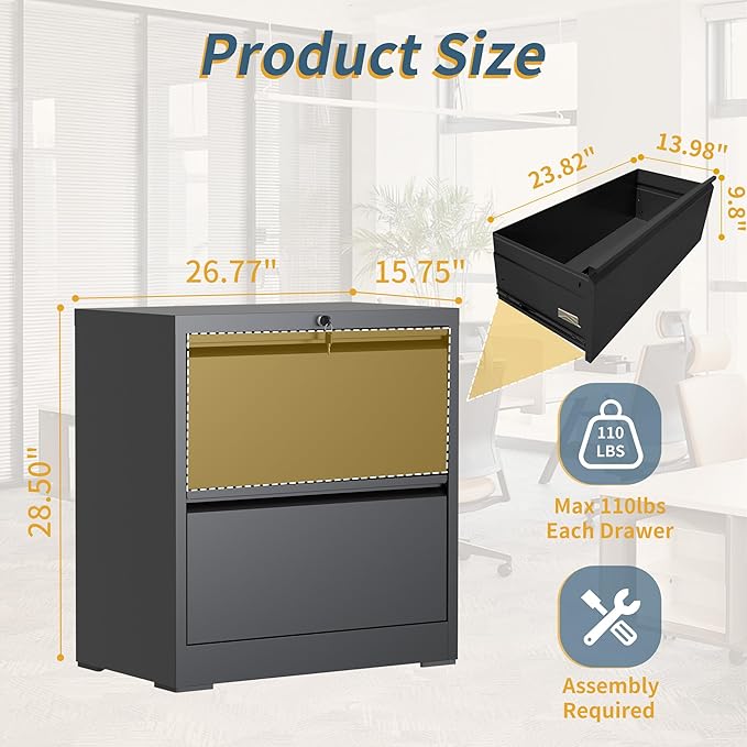 2 Drawer File Cabinet with Lock, Lateral Filing Cabinets, Metal Storage Filing - Image 3