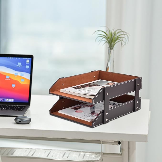 Leather Desk Organizer, 2-Tier Stackable Letter Tray Holder, Office Supplies - Image 9