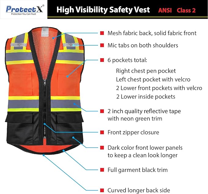 ProtectX 6 Pockets High Visibility Safety Vest - Image 5