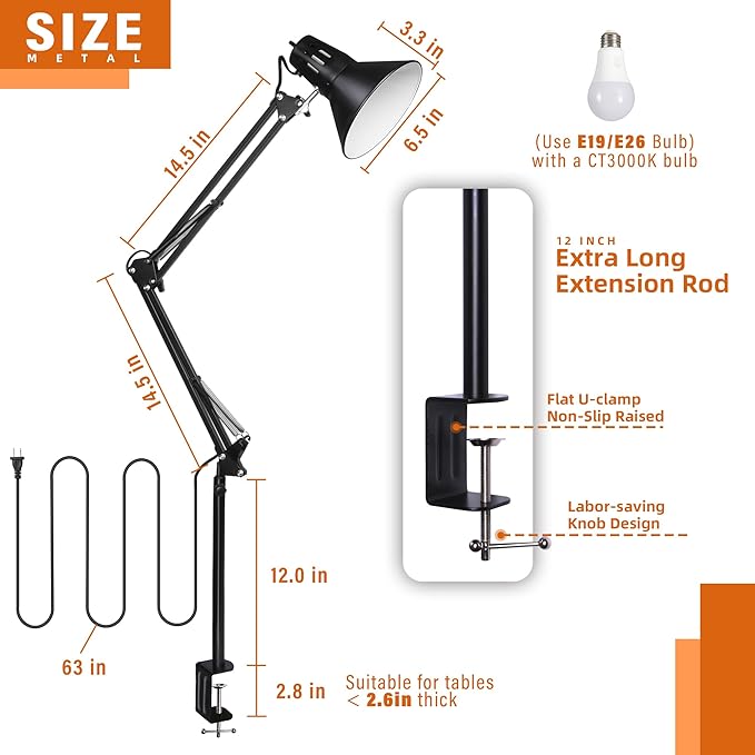 Desk Lamp for Home Office Eye-Caring Metal Extra Tall Swing Arm High Intensity - Image 5
