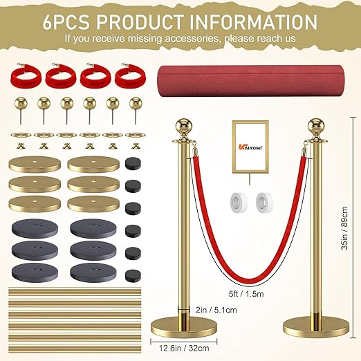 kaiyomi 6Pcs Stanchions Posts Velvet Ropes - Image 2