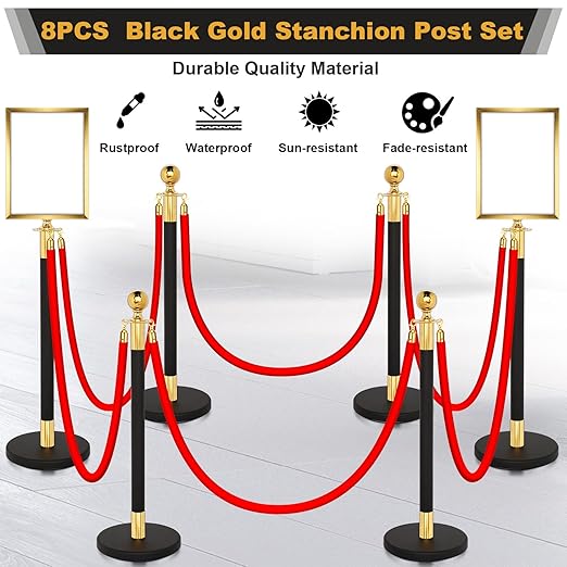 Blulu 8 Sets Stainless Steel Stanchion Set 8 Crowd Control Poles 7 Velvet Ropes - Image 2