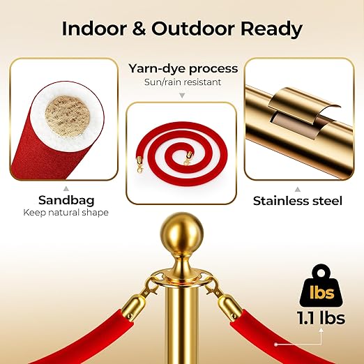 6pcs Sturdy Gold Stanchion Posts and 6pcs High Quality Red Carpet Velvet Ropes - Image 6