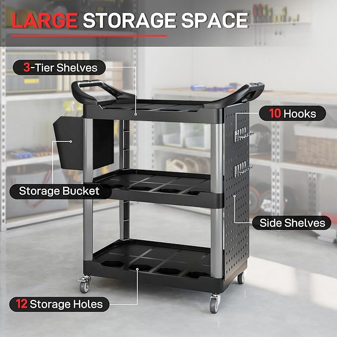 HOMCOM 3 Tier Utility Cart on Wheels, Rolling Tool Storage - Image 3