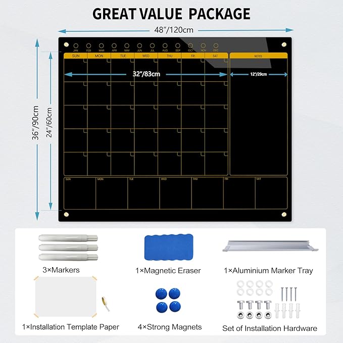Magnetic Glass Blackboard Calendar 48"x36" Monthly Glass Dry Erase Board - Image 3