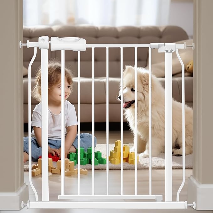 Narrow Baby Gates for Stairs Doorways Auto Close Tension White Metal Child Pet by HOOOEN