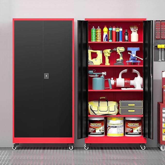 Metal Storage Cabinet with Wheels, Tall Garage Storage Cabinet with 4 by LISSIMO