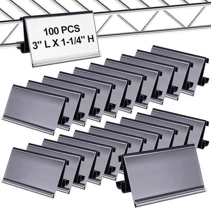 100 Pcs Wire Shelf Label Holders Plastic Wire Rack Clips 3 x 1.25 Inch Shelf by HIYZI