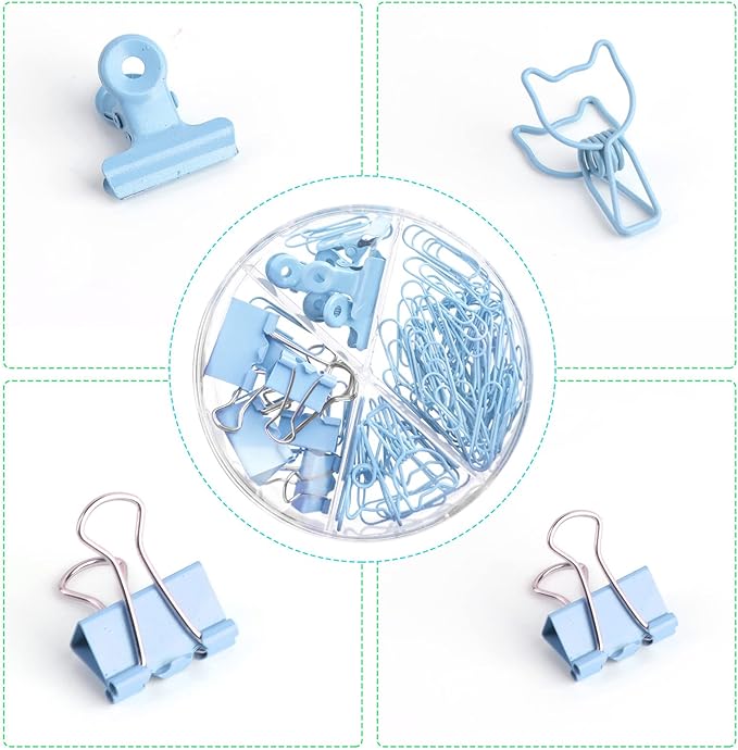 Blue Paper Clips and Binder Clips Set, Metal Assorted Sized Binders - Image 2