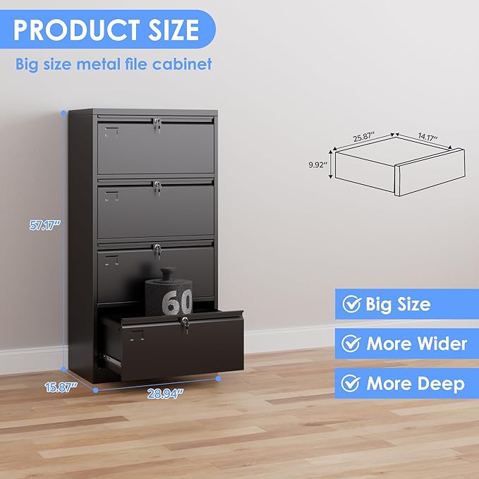 Aobabo 4 Drawer Wide Lateral File Cabinet, Metal Filing Cabinet - Image 3