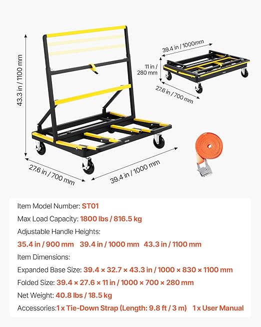 VEVOR Drywall Cart Dolly, 1800 lbs Load Capacity, Steel Panel Dolly - Image 7