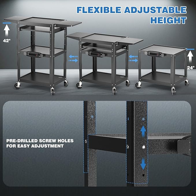 Large Steel AV Cart with Power Strip & Drop Leaves - Image 4