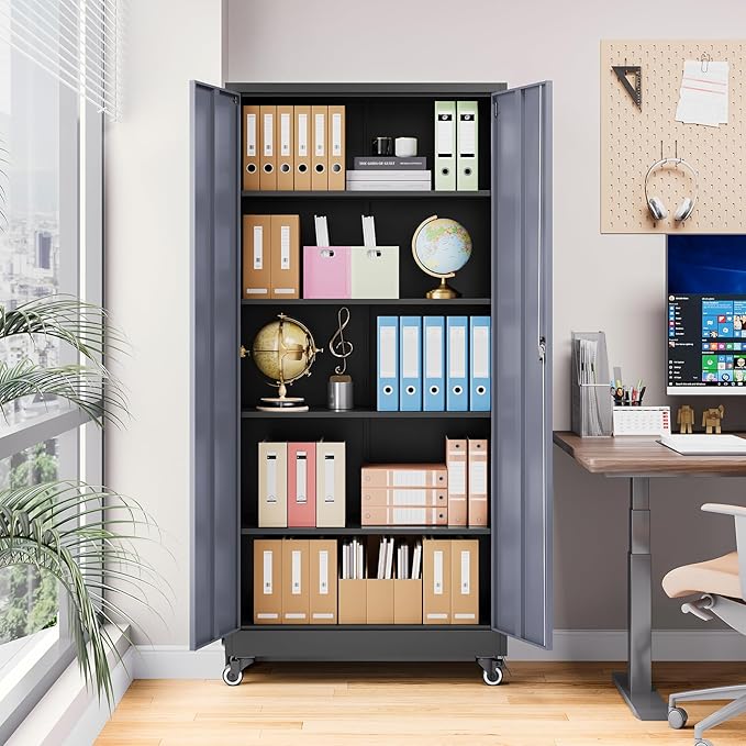 Metal Garage Cabinet with Wheels, Tall Storage Cabinet with 4 Adjustable - Image 6