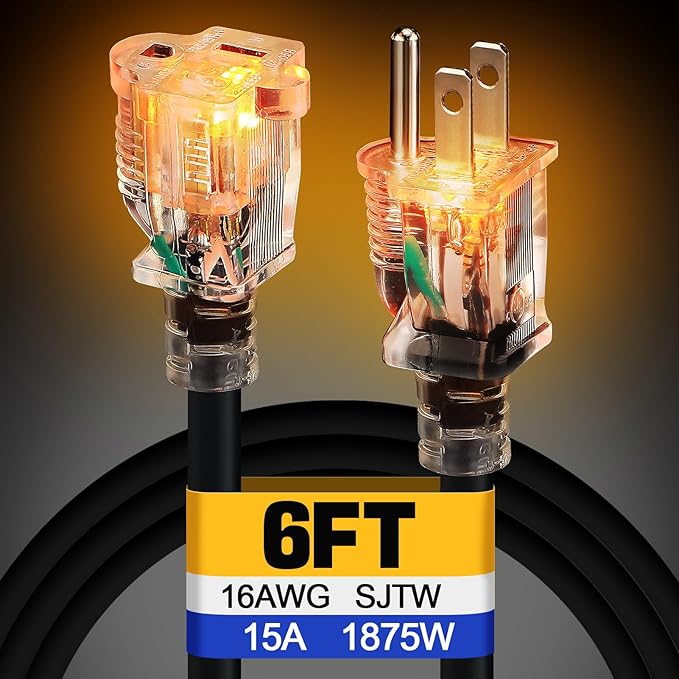 Lighted End Heavy Duty Outdoor Extension Cord Waterproof -16AWG, 3 Prong by Alphatool