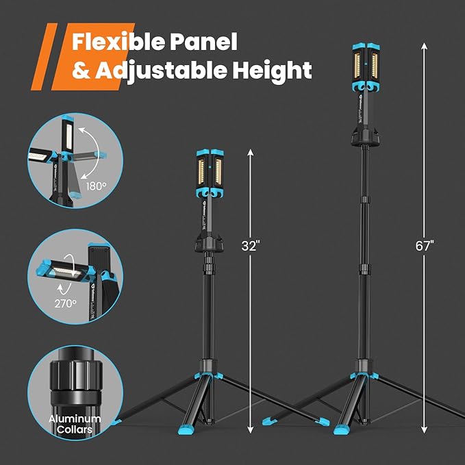 5000 Lumen Work Light with Stand, GoGonova 67'' Rechargeable Cordless Work - Image 6