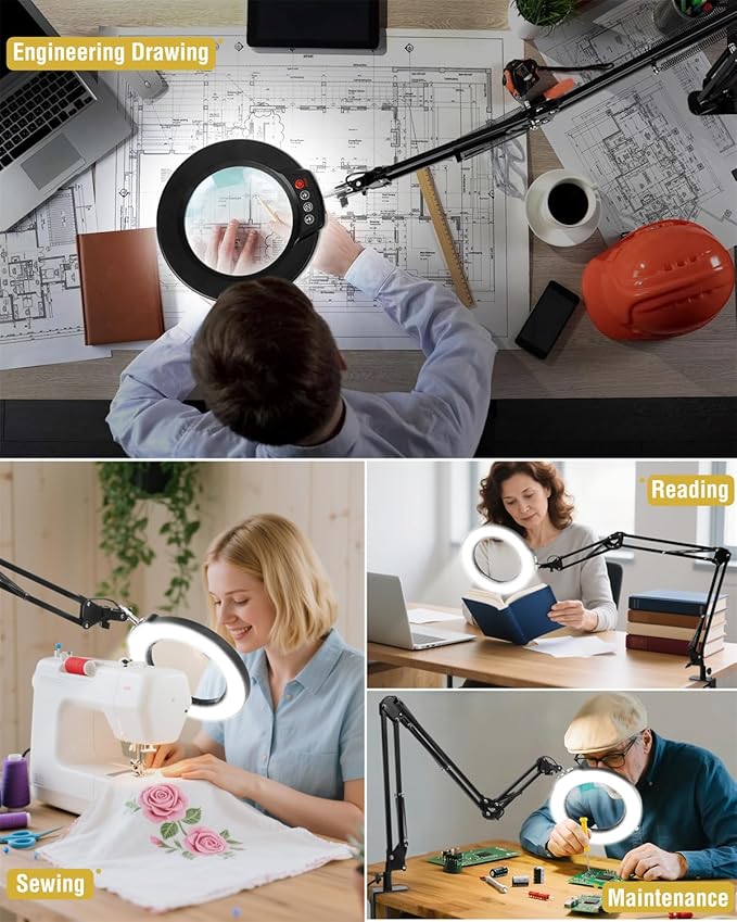 10X Magnifying Glass with Light and Clamp, Ultra Long 3 Section Swing Arm LED - Image 7