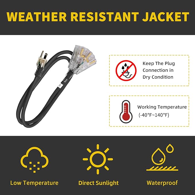 3-Outlets Indoor Outdoor Extension Cord Weatherproof - Image 7