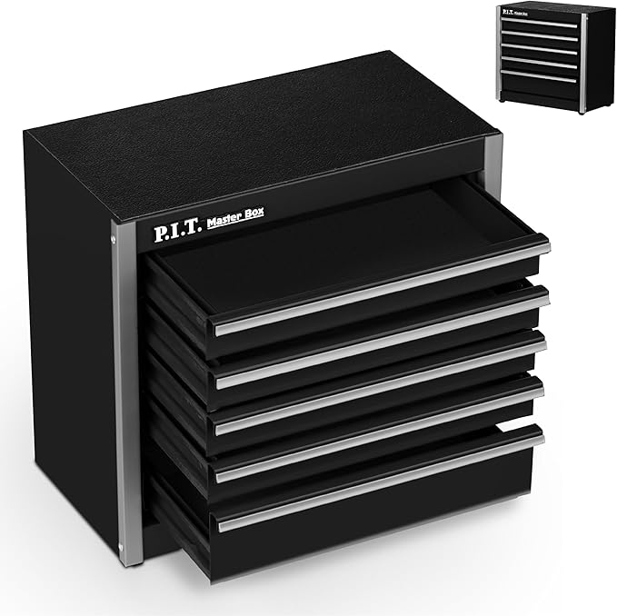 P.I.T. Mini Black Tool Box, Portable 5-Drawer Micro Roll Cab Steel Stackable - Image 9