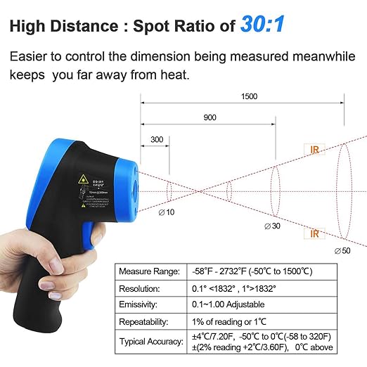 BTMETER BT-1500C Pyrometer Non Contact Laser Infrared Thermometer Measures -58℉ - Image 3