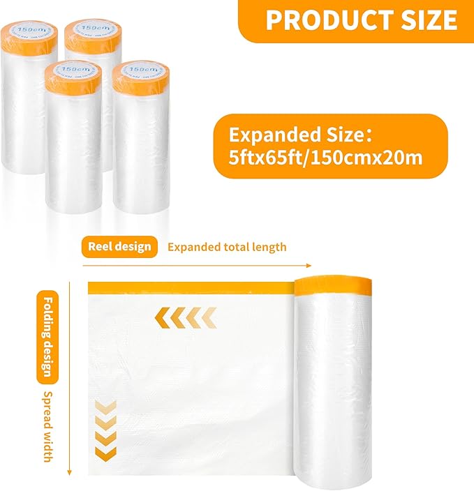 Pre-Taped Masking Film 4 Pack 59 in x 65 feet Rolls, Tape and Drape, Painters - Image 2