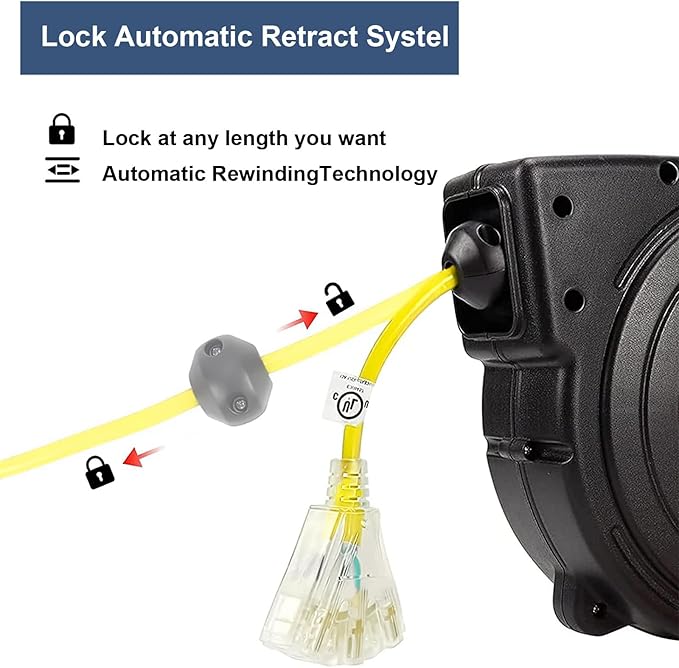 Retractable Extension Cord Reel, 65 Feet 12 AWG/3C SJTOW Heavy Duty Power Cord - Image 3