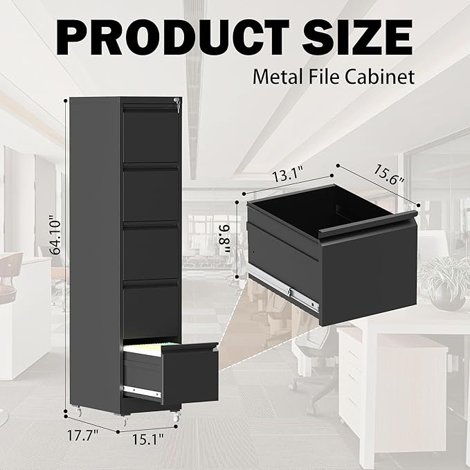5 Drawers Filing Cabient with Wheel, File Cabinet with Lock, Steel Vertical - Image 3