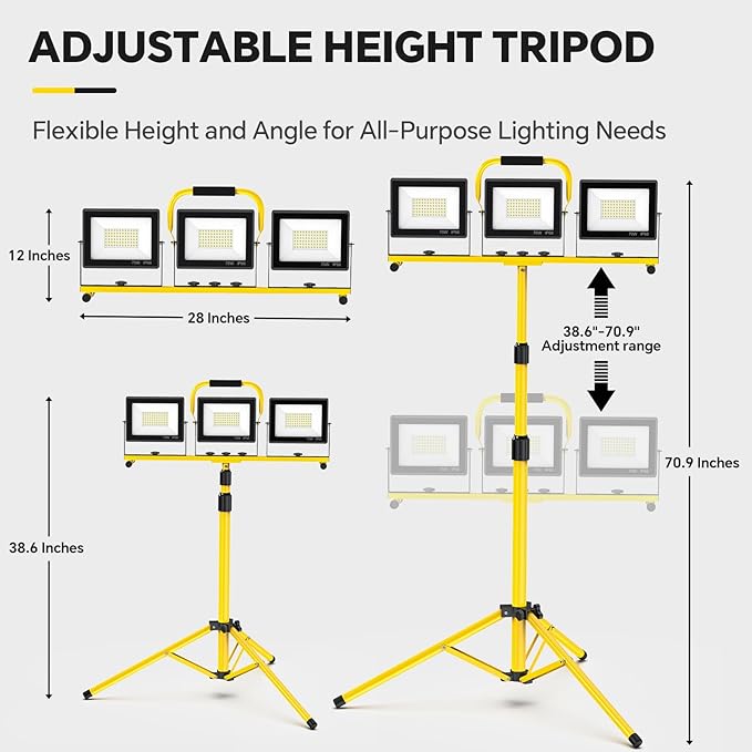 LED Work Lights with Stand: 3 Head Adjustable Work Light with Individual Switch - Image 6