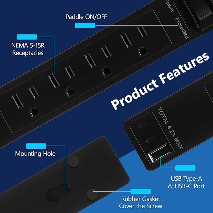 LIDER Outlet Extender with 4 Receptacles, USB-A and 2 USB-C, Ultra-Thin - Image 4