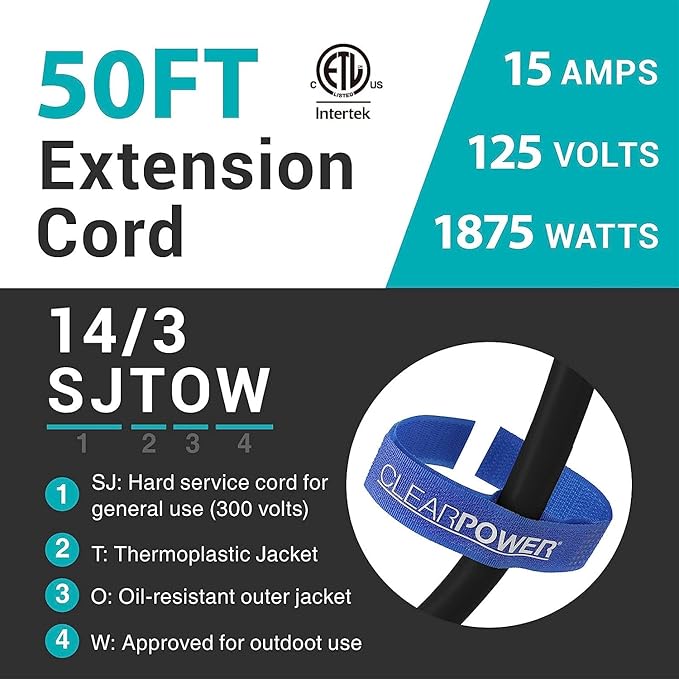 Clear Power 50ft Oil Resistant Heavy Duty Extension Cord 14/3 SJTOW, 3 Prong - Image 2