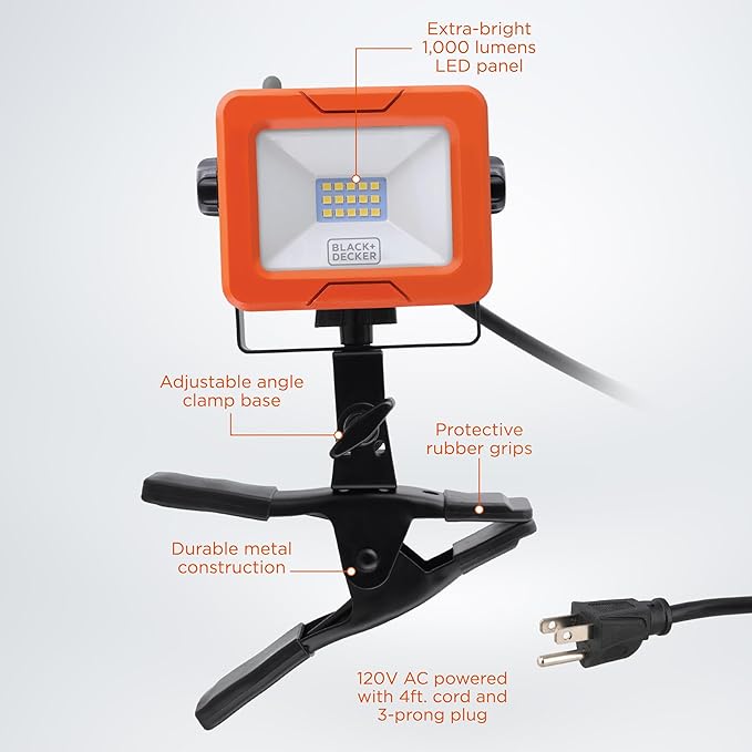 BLACK+DECKER LED Clamp Work Light, 1000 Lumens Indoor & Outdoor IP65 Waterproof - Image 3