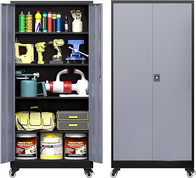 Metal Garage Cabinet with Wheels, Tall Storage Cabinet with 4 Adjustable - Image 7