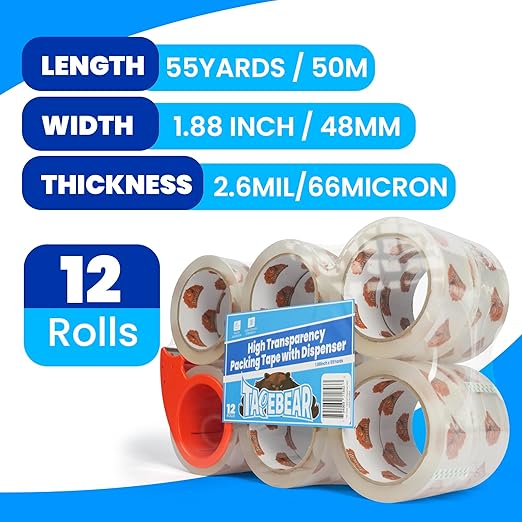 TAPEBEAR Packing Tape with Dispenser, 2.7mil Thick, 1.88" x 55yd Storage - Image 5