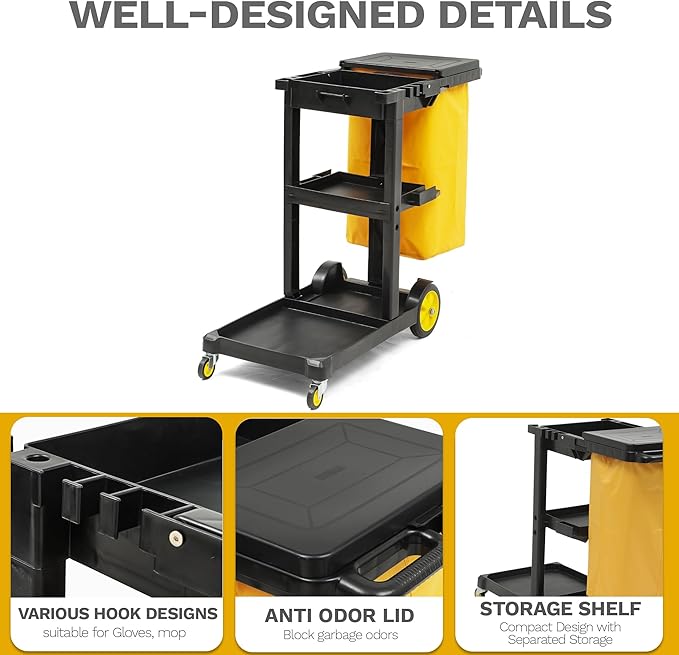 DWVO Janitorial Cart on Wheels, Cleaning Carts, Housekeeping Carts, 3 Shelf - Image 5