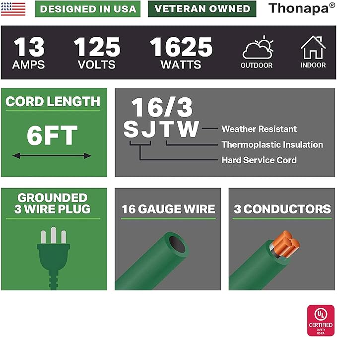13 Amp Outdoor Extension Cord 6 ft, 16/3 SJTW 6ft Green Extension Cord 3 Prong - Image 2