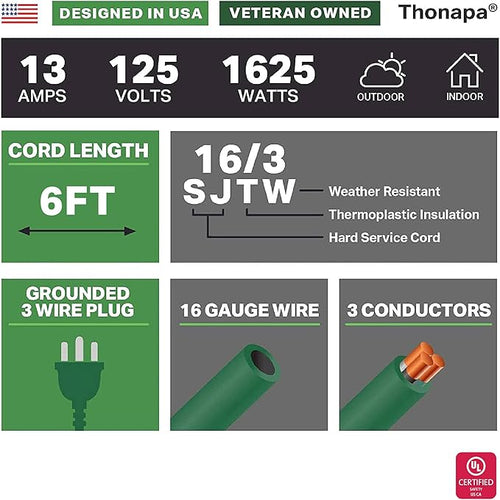 13 Amp Outdoor Extension Cord 6 ft, 16/3 SJTW 6ft Green Extension Cord 3 Prong - Image 2